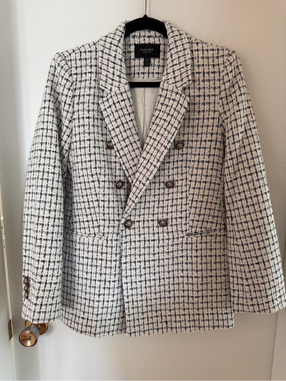 Ever New Cream Black Bouclรฉ Tweed Double Breasted Blazer Gold Buttons Size 6